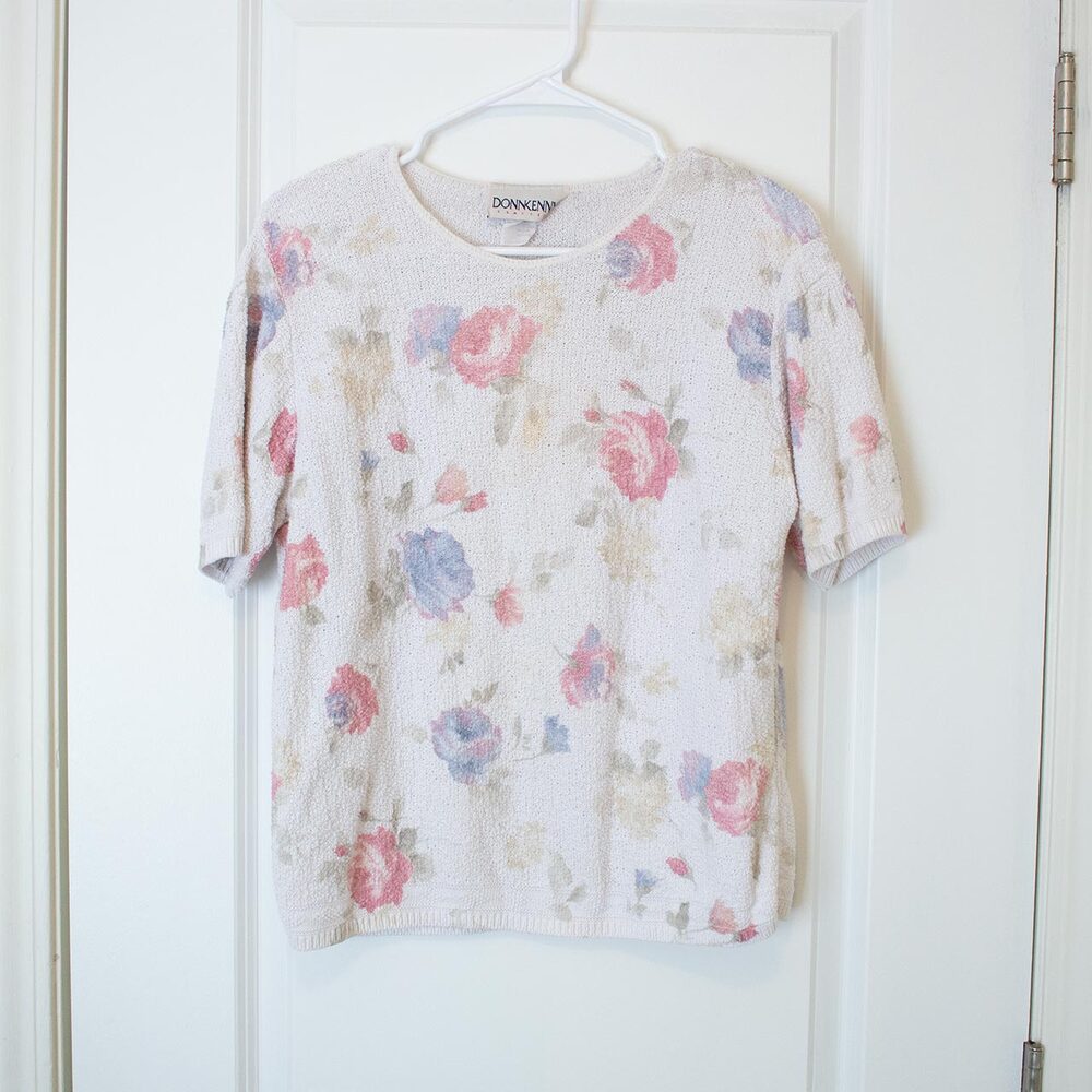 Ditsy Pastel Floral Knit Sweater Donnkenny Short Sleeve Stretch S | Light Summer